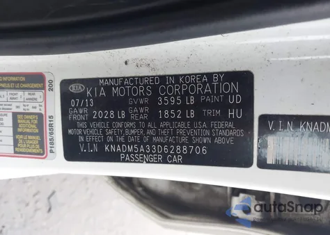 2013 Kia Rio Lx z USA, uszkodzony, nr VIN KNADM5A33D6288706